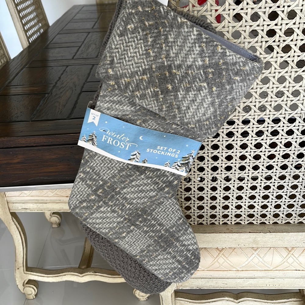 Set of 2 Gray/Sparkly Gold Plaid Christmas Stockings